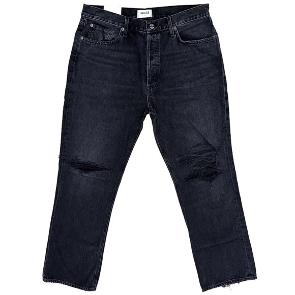 Agolde Lana Mid Rise Vintage Straight in Disorder Washed Black Distressed Jeans - Picture 2 of 12